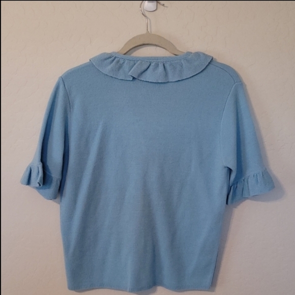 Vintage Featherknit Blue Short Sleeve with Ruffle Collar and Cuff Cardigan Med. - Picture 3 of 9